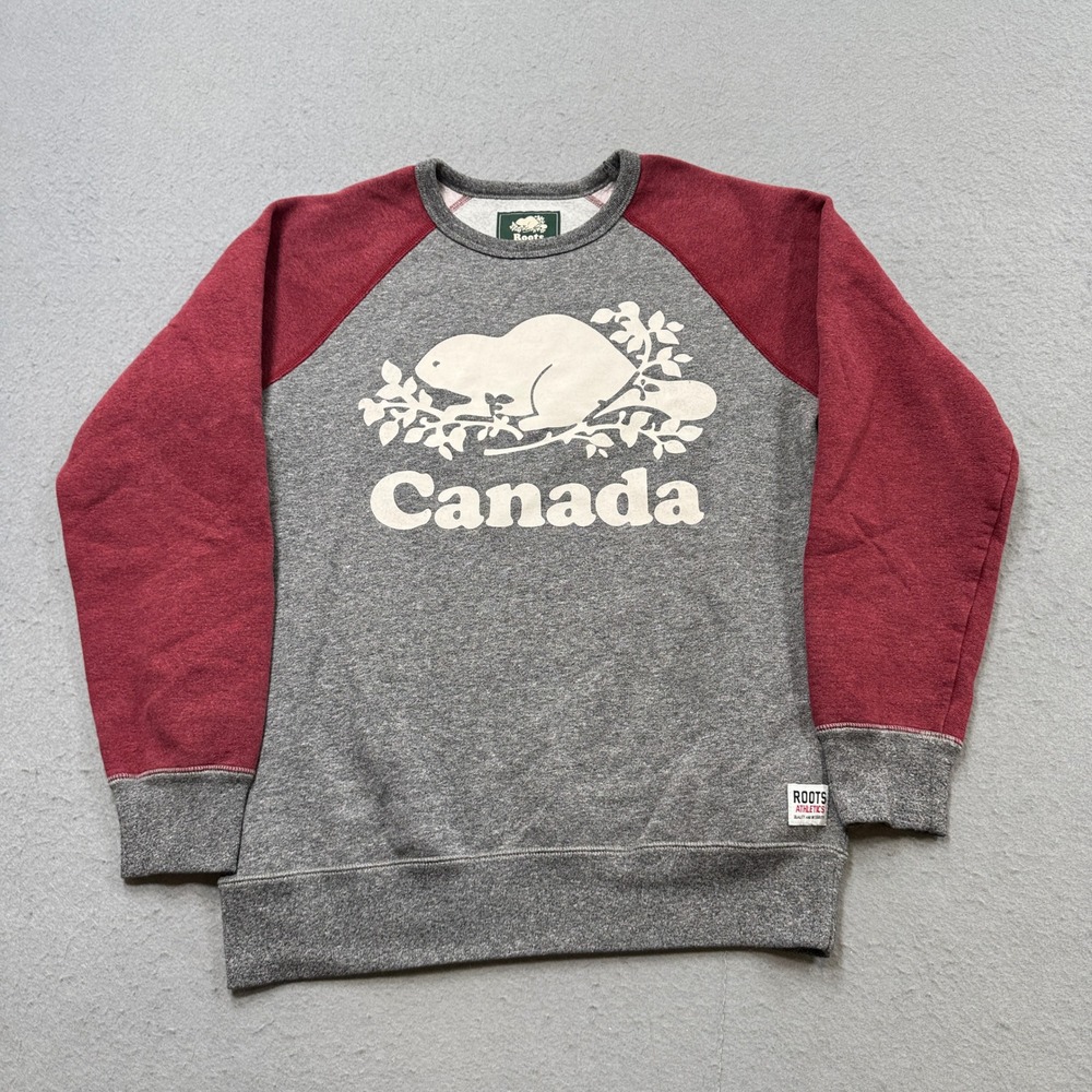Roots Canada Sweatshirt Men's Small Gray Burgundy Fleece Lined Pullover Athletic